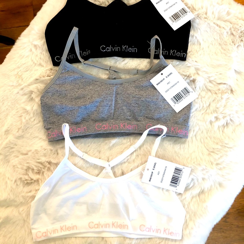 New!Calvin Klein girls S(6X) bralette 3pk.Blk,wht,gry